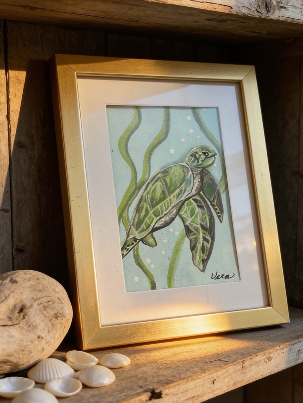 Original Hand crafted painted watercolor green sea turtle black frame 8x6 inch